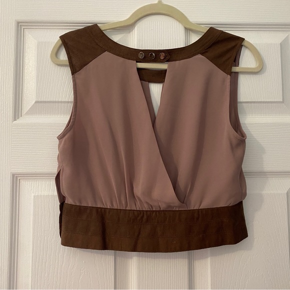 Double Zero Pleated Cross Front And Back Suede Leather Trim Crop Top - Picture 5 of 12